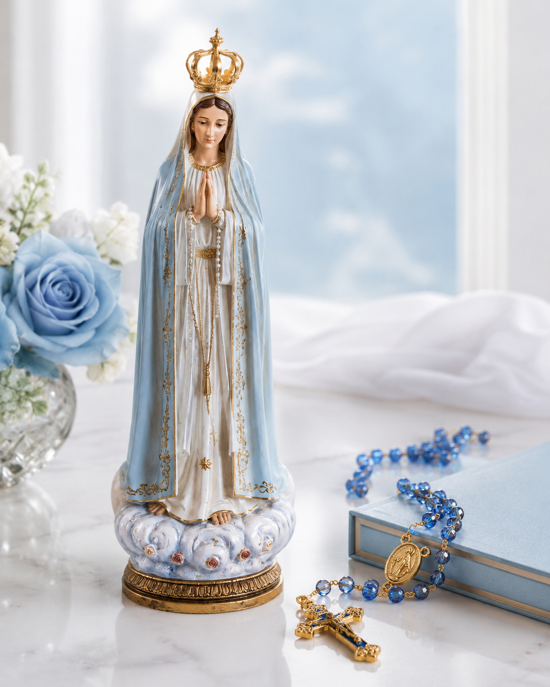 Estátua de Nossa Senhora de Fátima em gesso com pintura artesanal do Kit Devocional A Casa do Senhor
